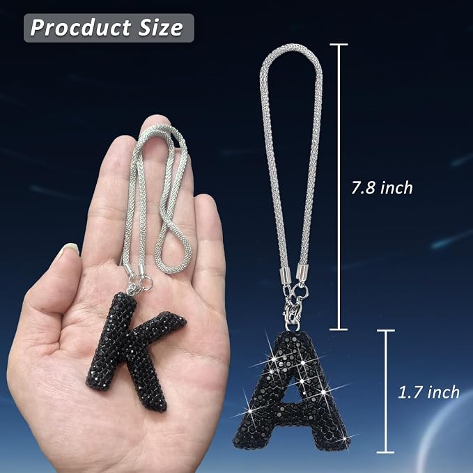 Letter A Bling Black Car Accessories Interior for Women, Interior Charm Rear View Mirror Cute Crystal Pendant Car Decorations for Men, Lucky Gifts Diamond Rhinestone