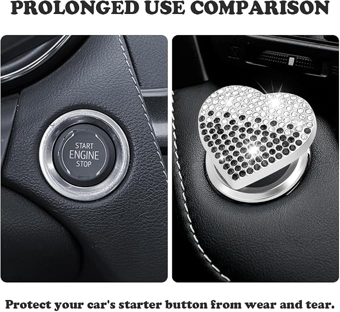 IHOTDER Bling Push Start Button Cover with Rhinestone,Heart Push to Start Button Cover for Car Decor,Diamond Engine Start Buttons Cover Car Accessories Interior for Women & Girl (Black/White)