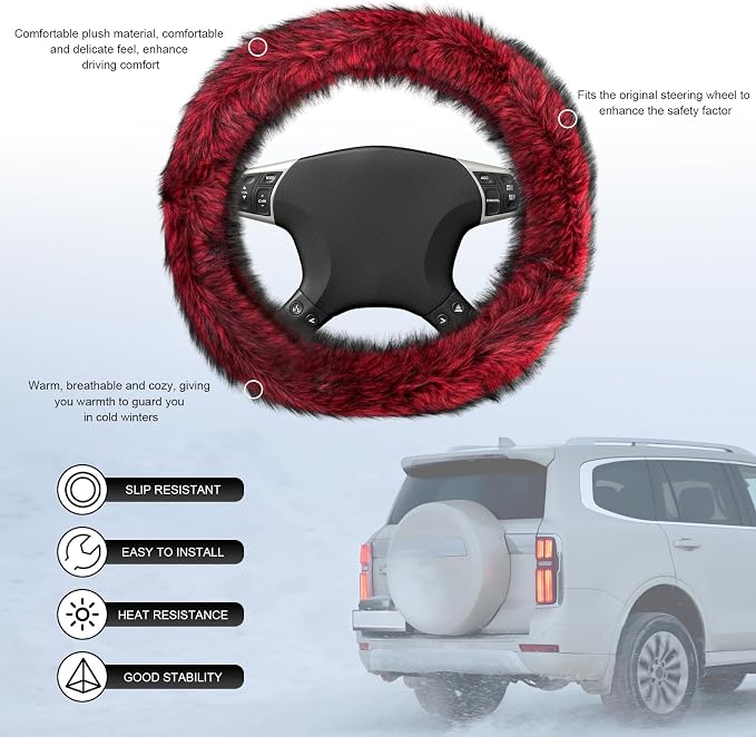 Fluffy Steering Wheel Cover, 15 Inch Anti-Slip Microfiber Plush Fuzzy Steering Wheel Cover, Winter Warm Elastic Fuzzy Steering Wheel Covers for Women and Men, Car Accessories (Red)