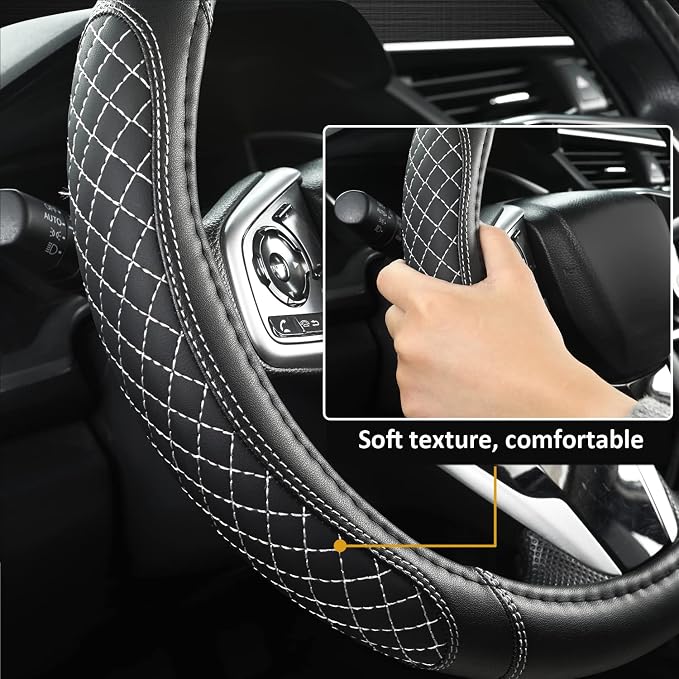 West Llama Customized Auto Car Steering Wheel Cover for Dodge RAM 1500 2500 3500, 15.5-16 inch (Diamond Quilted-Black+Gray-Large Size)