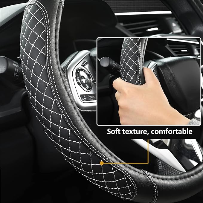 West Llama Flat Bottom Car Steering Wheel Cover for Nissan,D Shaped Steering Wheel Cover for Rogue,Altima,Kicks (Diamond Quilted-Black+Gray-Standard Size)