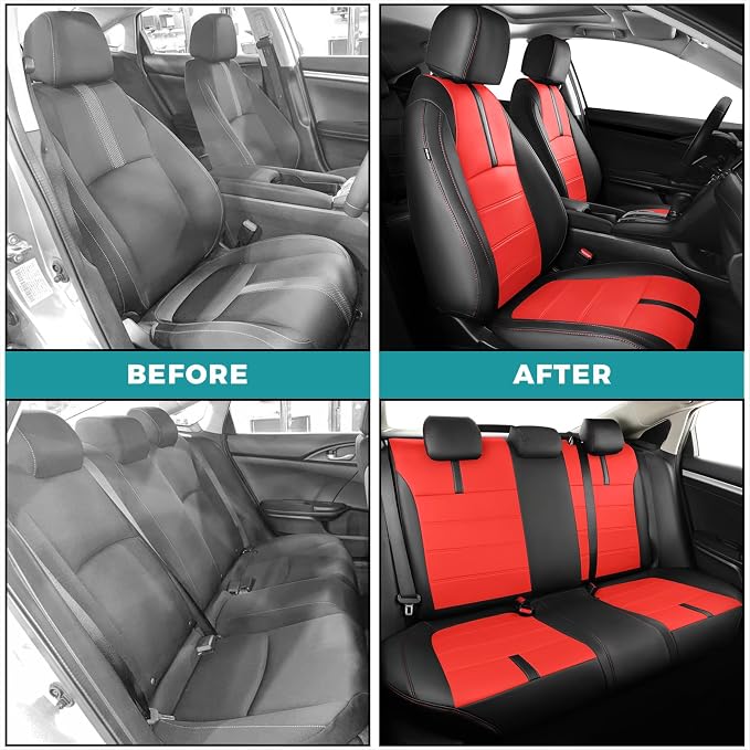 Seat Covers for Honda Civic Sedan LX 2016 2017 2018 2019 2020 2021, Faux Leather Car Seats Cover Full Set Waterproof, Black Red (Solid Rear Seatback - No Rear Armrest)