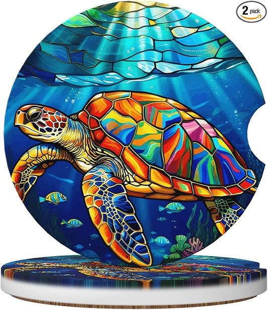Sea Turtle Ocean Car Cup Holder Coasters 2 Pack 2.63" for Women | Stained Glass Universal Anti Slip Ceramic Absorbent Coaster with Cork Base and Finger Notch Cute Car Accessories Interior