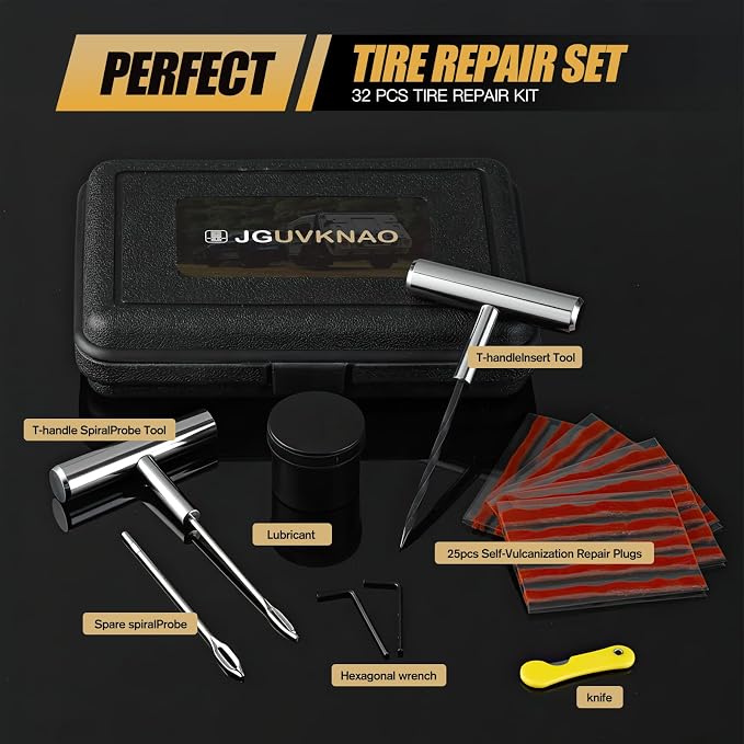 Tire Plug Kit, 32 Pcs Heavy Duty Tire Repair Kit with 2 Pcs Rugged Metal T-Handle Insertion Tools for Car, Truck, Motorcycle, ATV, Tractor, Trailer - Fix Flat Tire Puncture