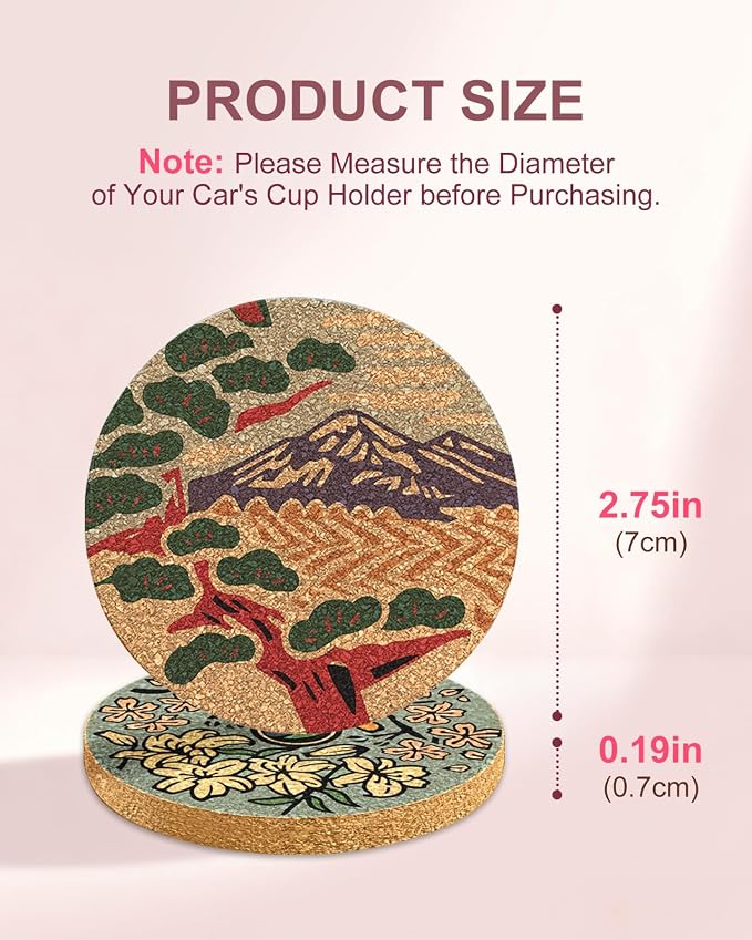 Swooflia Car Coasters for Women - Japanese Painting Cork Car Cupholder Coaster Cool Absorbent Mat Coaster with Cork Base 2 Pack Automotive Cup Holder Accessories New Driver Gifts for Decor