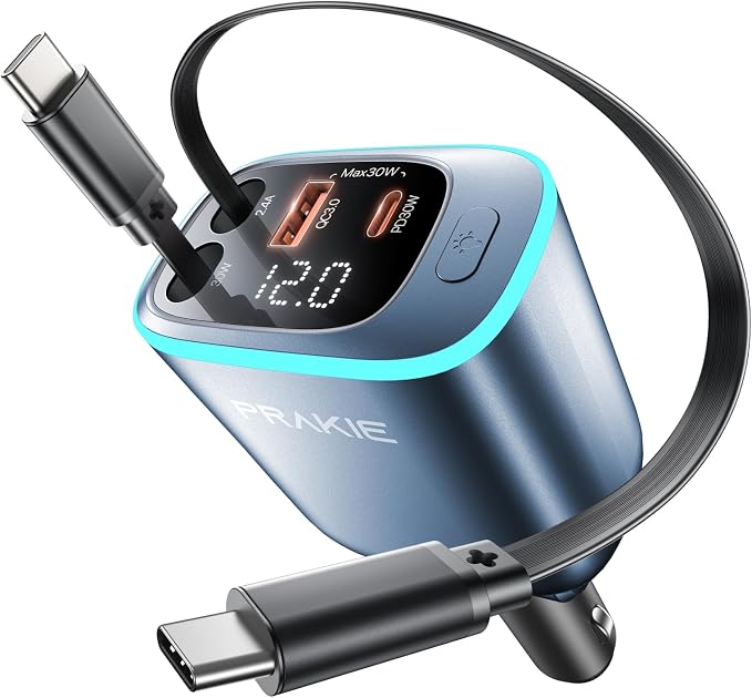 Car Charger, iPhone USB C Cable Retractable Fast USB C Phone Charger-Blue | Cigarette Lighter Adapter with 2 USBC Cables 25 Inch and 2 USB Ports, Multi Port Car Charging for iPhone 17/16/15/Pro Max