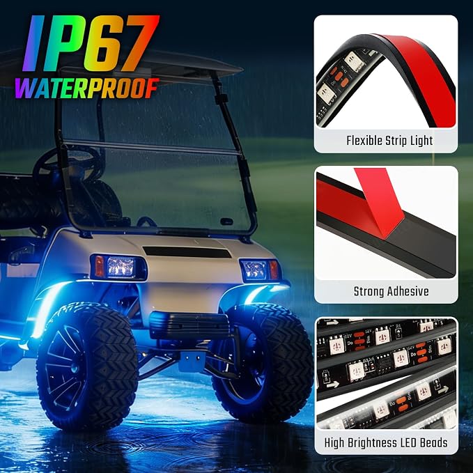 CLUBRALLY Golf Cart Underglow LED Light Strip Kit, 28 Modes Neon Underbody Glow, 12-85V, Music Sync, Wireless Remote, IP67 Waterproof Flexible Tubes, Fits EZGO, Club Car, Yamaha, 2 Pack