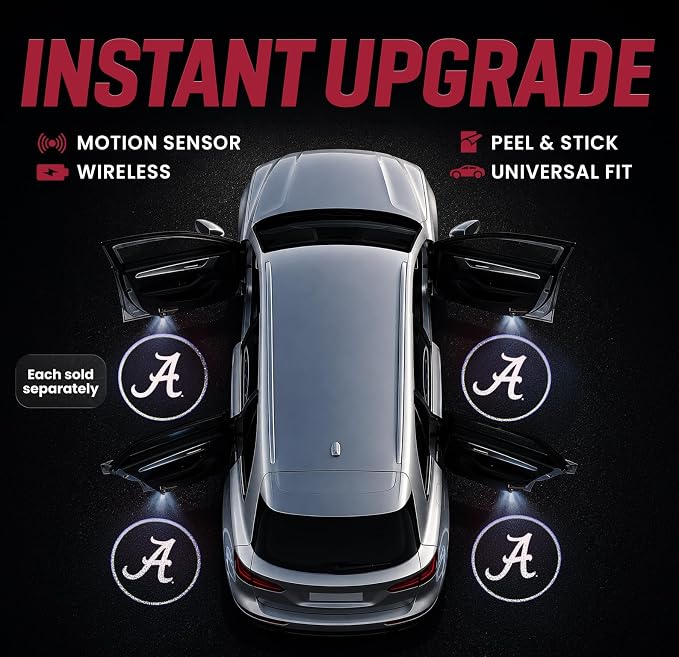 Sporticulture American Football Alabama Crimson Tide Car Door Lights Logo Shadow Display - Officially Licensed NCAA Car Accessories - Show Your Team Pride - Battery Powered, Universal Fit
