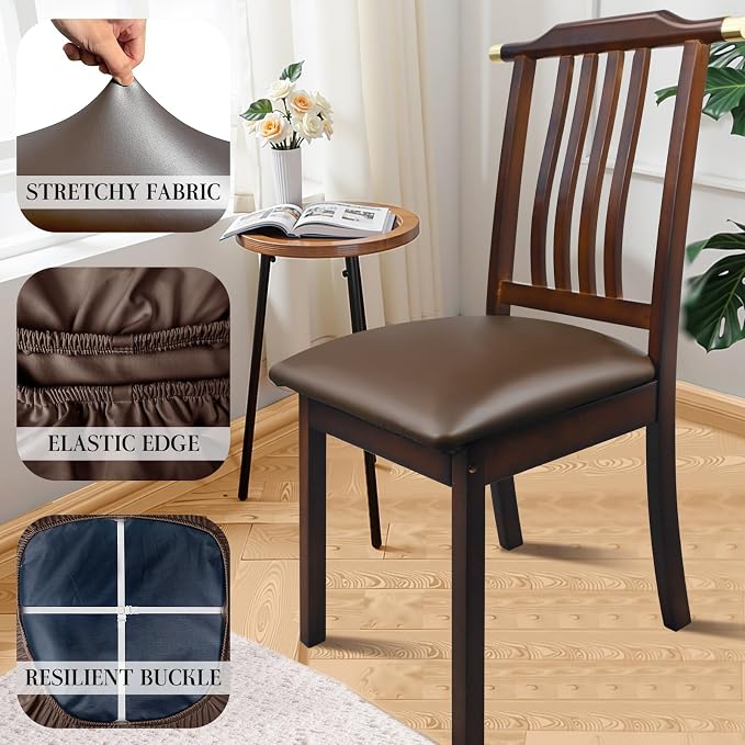 Pu Leather Dining Chair Seat Covers Set of 8, Waterproof Kitchen Chair Covers Stretch Chair Cover for Kitchen/Dining Room/Hotel, Tasteless seat Covers for Chairs (Coffee - 8 PCS)