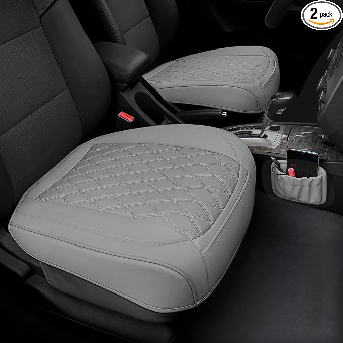 2 Pack PU Leather Front Car Seat Cover Bottom Car Seat, Anti-Slip and Full Wrap Driver Car Seat Protectors with Storage Pocket, Luxury Waterproof Bottom Auto Seat Cushion Pad for Most Vehicles(Gray)
