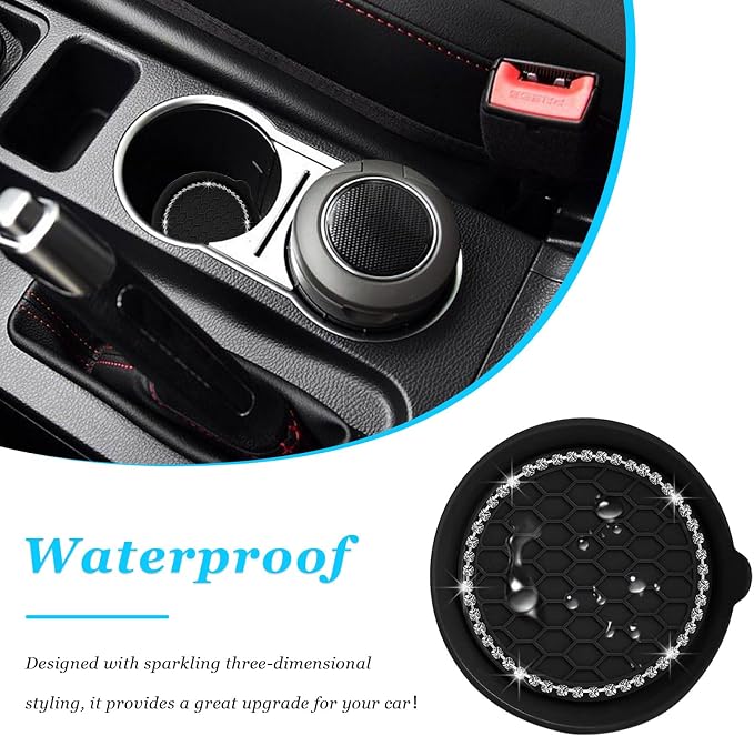 Ziciner 4 PCS Car Cup Coaster Holders, 3.15 Inch Silicone Anti-Slip Auto Insert Coaster, Crystal Rhinestone Car Drink Cup Mat, Universal Durable Auto Interior Accessories (Black, 4Pack)
