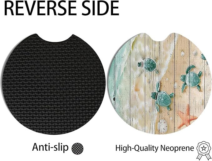 2pcs Cute Sea Turtles Car Coasters,Absorbent Universal neoprener Cup Holder Coasters with a Finger Notch,Car Accessories for Women&Man Interior，2.75"