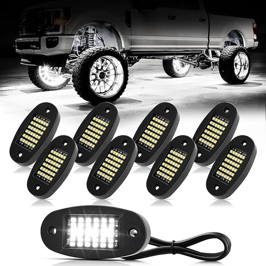 Hovano 8 Pods White Rock Lights 6000K Pure White 36 LEDs SMD Chips Super Bright Neon Underglow Light IP68 Waterproof for Pickup Trucks SUV UTV ATV RZR Car Boats (White)