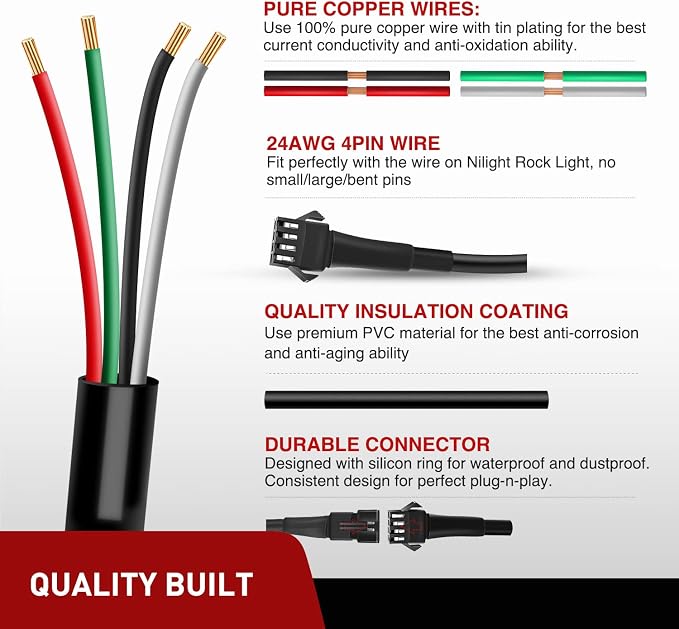 Nilight Extension Cable for Motorcycle LED Strip Lights 4PCS 2 Feet Extension Cords 3PCS 2 Way Y Splitter 4PIN Extension Cord for Underglow Neon Accent Light Strips Rock Lights