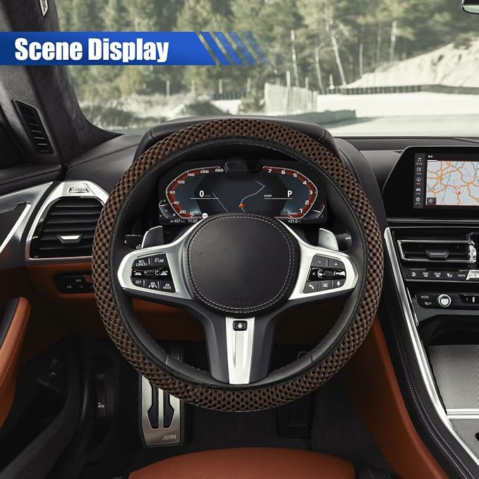 Elastic Stretch Steering Wheel Cover, for Men Women (Coffee) | 15" Breathable Microfiber Ice Silk Steering Wheel Protector, Universal Anti-Slip Warm in Winter&Cool in Summer Car Accessory