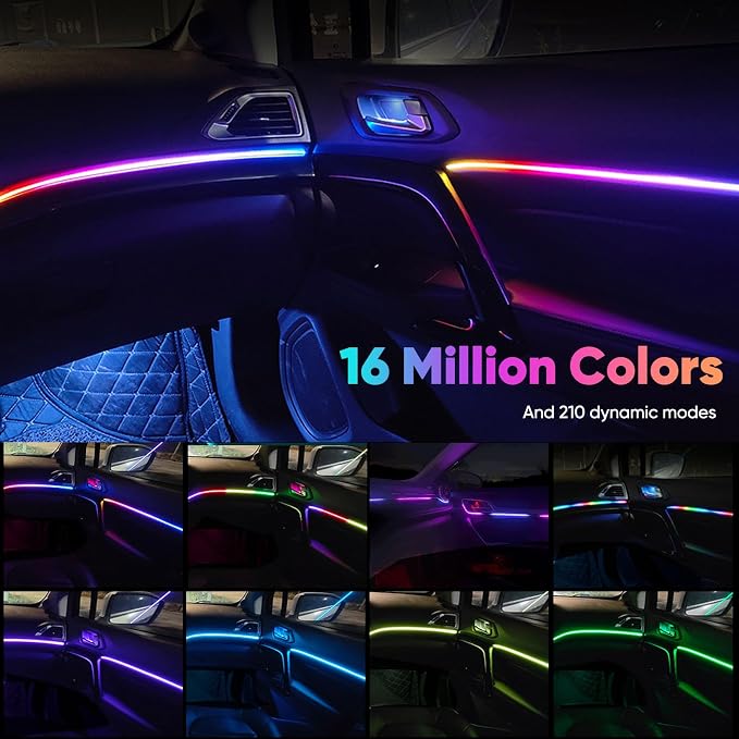 2 in 1 Acrylic Car LED Lights Interior, RGB Ambient Llighting Car Kit with 168 LEDs, 16 Million Colors, Music Sync, App & USB & Remote Dashboard Ambient Lighting for Car