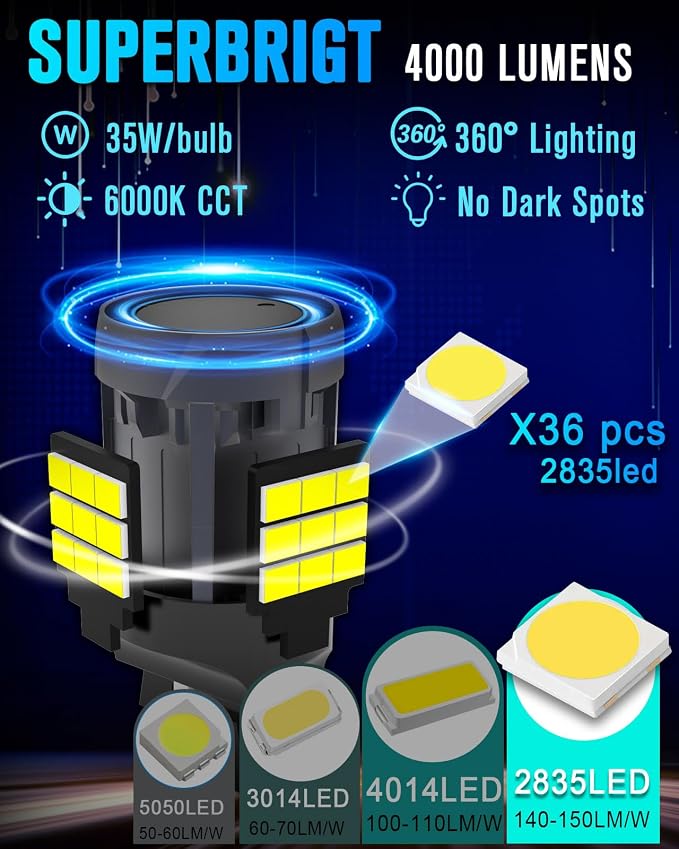 7443 7440 LED Bulb With Built in Resistor for Reverse Backup Lights Canbus Error Free,6000K White 7441 7444 W21W LED Bulb White for Tail Lights Parking Daytime Running Light(2pcs)