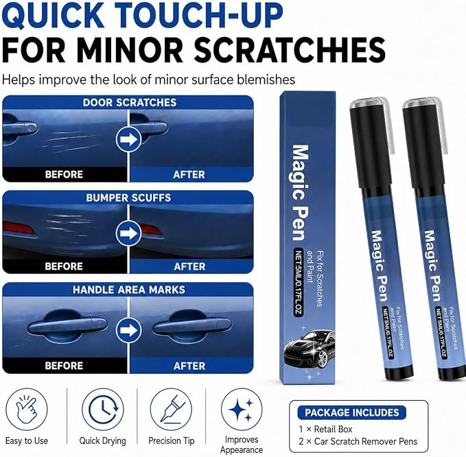 2026 Magic Car Scratch Remover Pen, Car Scratch Remover Pen, Clear Coat Touch Up Applicator for Light Surface Scratches, Small Paint Chips and Scuffs for Cars, Trucks, SUVs and Motorcycles (2Pcs)