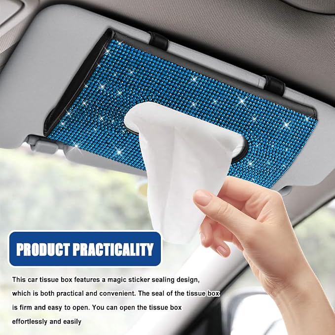 Bling Car Sun Visor Tissue Box Holder, Visor Accessories, Rhinestone PU Leather Crystal Sparkling Napkin Holder, Auto Sun Visor Paper Towel Cover Case Accessories for Most Cars (Blue)