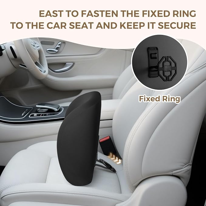 BEBAS Lumbar Support Pillow for Car, Memory Foam Lower Back Support for Driving, Ergonomic Lumbar Cushion for Back Pain Relief, Fixed Ring Lumbar Pillow for Car Seat, Office Chair- Black