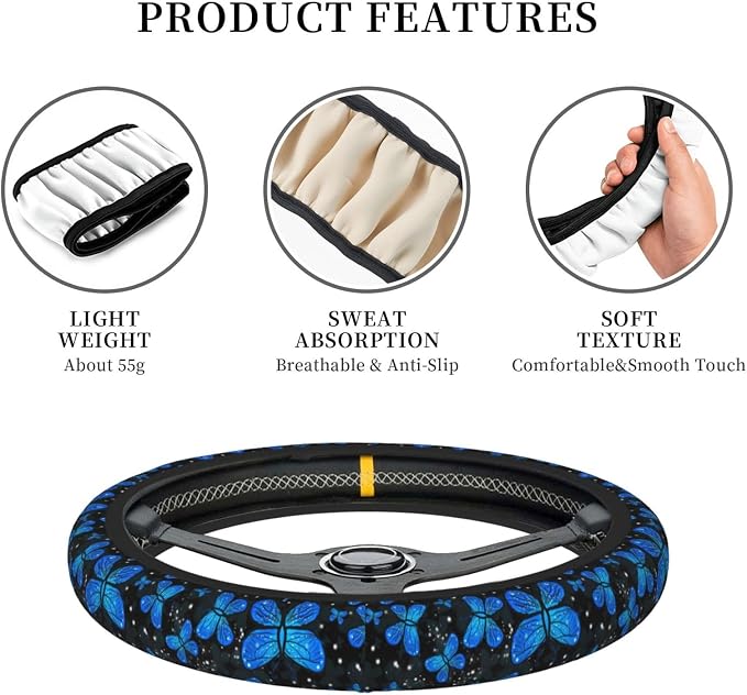 Blue Butterfly Black Steering Wheel Cover for Women Men Girls Car Accessories Decor Anti-Slip Neoprene Auto Steering Wheel Covers Protector Universal 15 Inch