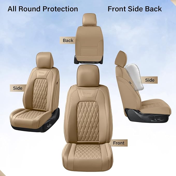 Coverado Premium Leather Truck Seat Covers Full Set – Custom Fit, Waterproof, Heavy Duty, Anti-Spill, Scratch Resistant Protector for Ford F150 2015-2026, F250-F450, Beige