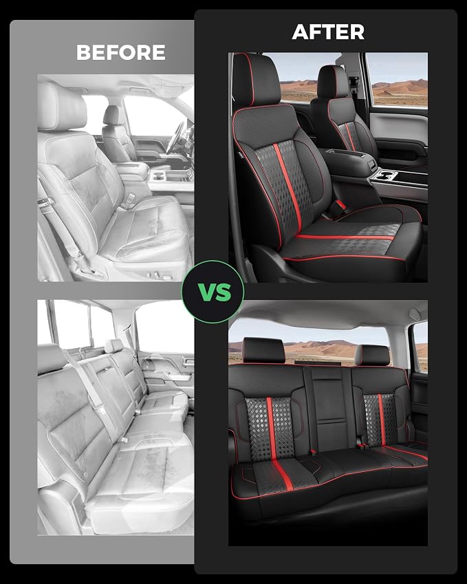 for Chevy Silverado & GMC Sierra Leather Seat Covers Crew Cab 1500 2014-2018, 2500HD 3500HD 2015-2019, Custom Seat Cover Full Set, Pickup Protectors Accessories, Black Red(W/O Rear Cupholder)