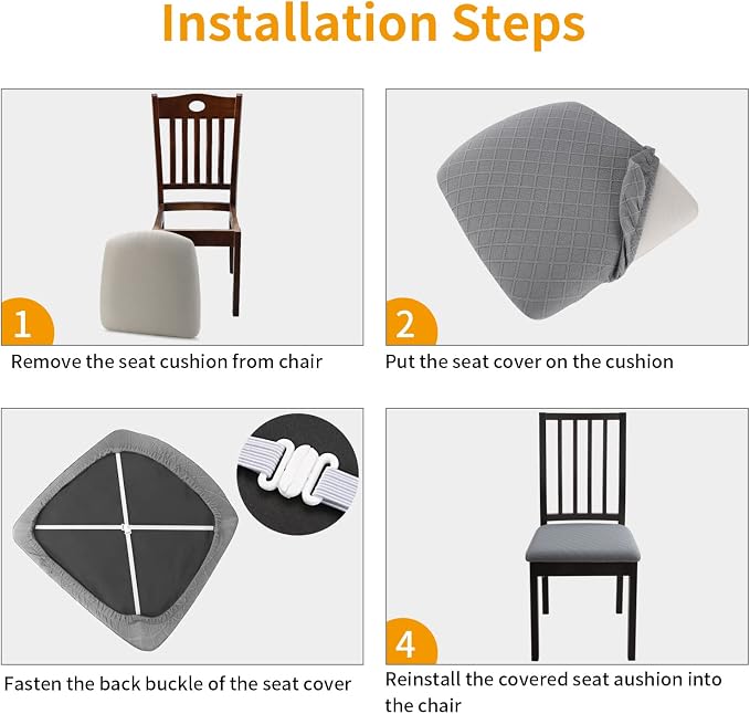 Fuloon Waterproof Seat Cushion Covers 4 PCS, Stretch Jacquard Chair Seat Covers Washable Dining Room Seat Slipcovers Removable Kitchen Chair Protector (4, Waterproof-Light Grey)