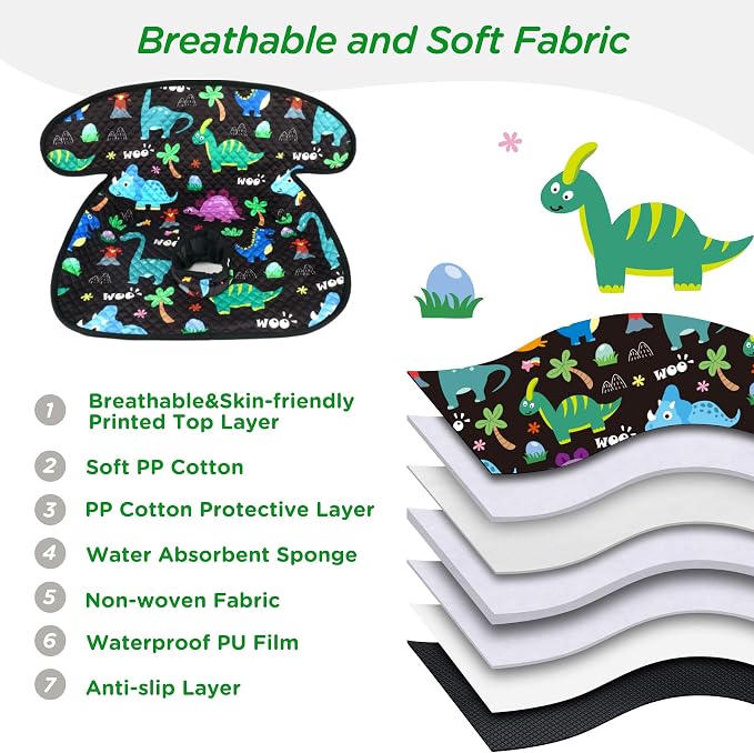 2P Car Seat Protector for Potty Training | Waterproof Toddler | 360°leak-proof + non-slip | Fits car seats, strollers, high chairs |toddler travel | Black/Dinosaur | Machine washable