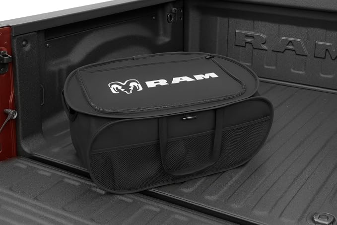 SR1 Performance USA RAM Pop Up Truck Bed & Back Seat Storage Organizer - Expandable Collapsible Cargo Caddy for Dodge RAM 1500, 2500, 3500 & TRX - Black with Logo