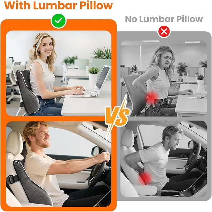 CloudBliss Ergonomic Lumbar Support Pillow Seat Cuhsion - Memory Foam for Lower Back Pain Relief, Adjustable Straps & Mesh Cover for Office, Gaming, Car Seat (Medium, Grey)