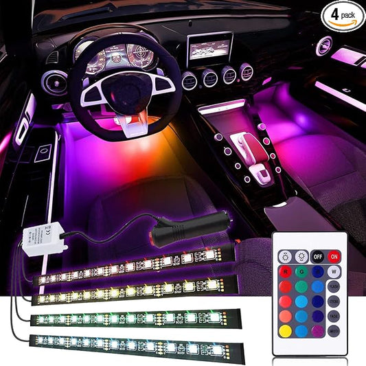 Car LED Strip Light, EJ's SUPER CAR 4pcs 48 LED Multi-Color Car Interior Lights Under Dash Lighting Waterproof Kit with Multi-Mode Change and Wireless Remote Control, Car Charger Included,DC 12V