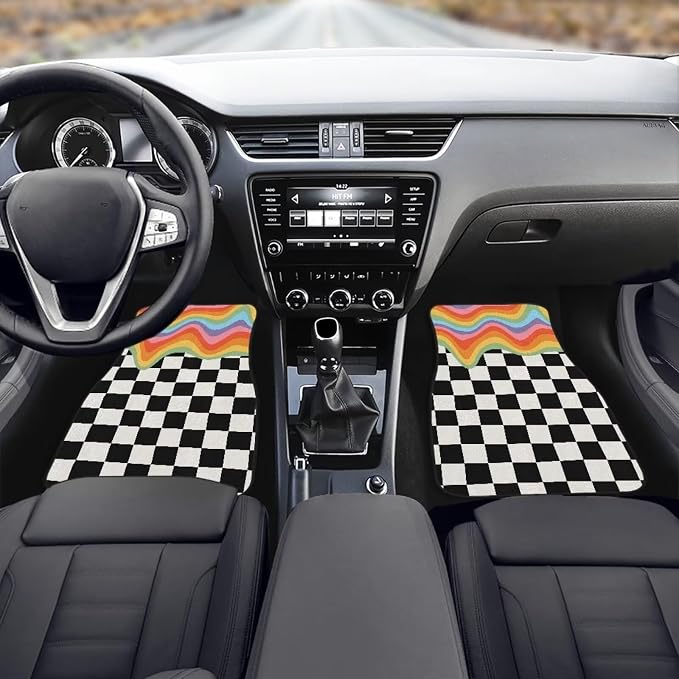Rainbow Black White Plaid Print Car Floor Mats Set of 4 Checkered Universal Vehicle Floor Carpet Decorative Auto Front Rear Foot Rugs for Trucks SUV Sedan