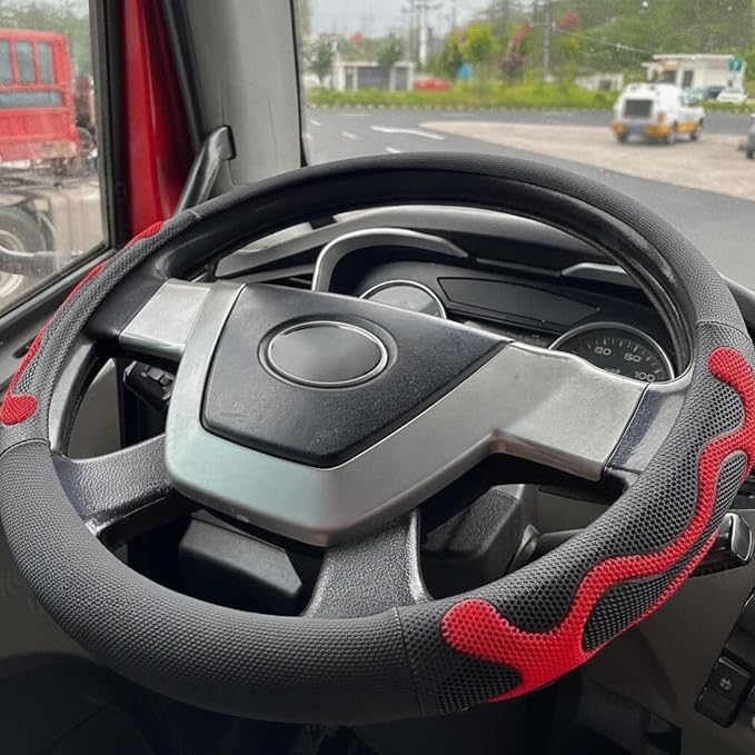 DaisyInner 17.5-18 Inch Steering Wheel Cover for Semi Truck No-Slip & Comfy Grip for Semi Trucks, Rv, Big Rig and 18 Wheelers(Mesh D,Leather,Red)