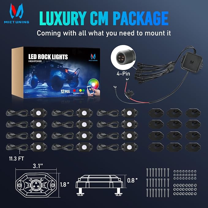 MICTUNING 2nd-Gen CM RGB Rock Lights - 12 Pods Waterproof Multicolor Neon Underglow Kit with Bluetooth App Control & Music Mode for Trucks Pickup UTV SUV ATV （2 Year Warranty）