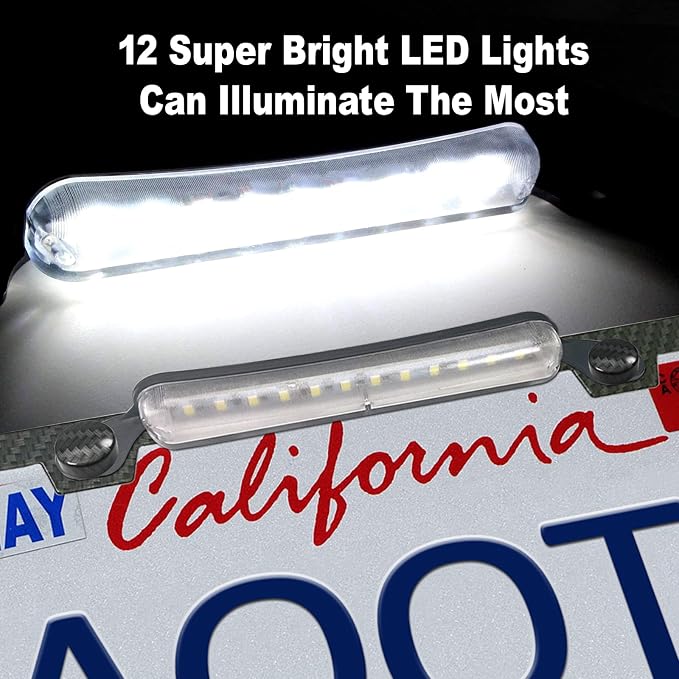 AOOTF License Plate Frame with Light Bar Assembly, Waterproof White | License Plate Light Lamp Bulbs, Aluminium Carbon Fiber Car Tag Holder Mount Kit, For Truck SUV Trailer, 12V, Screws Caps