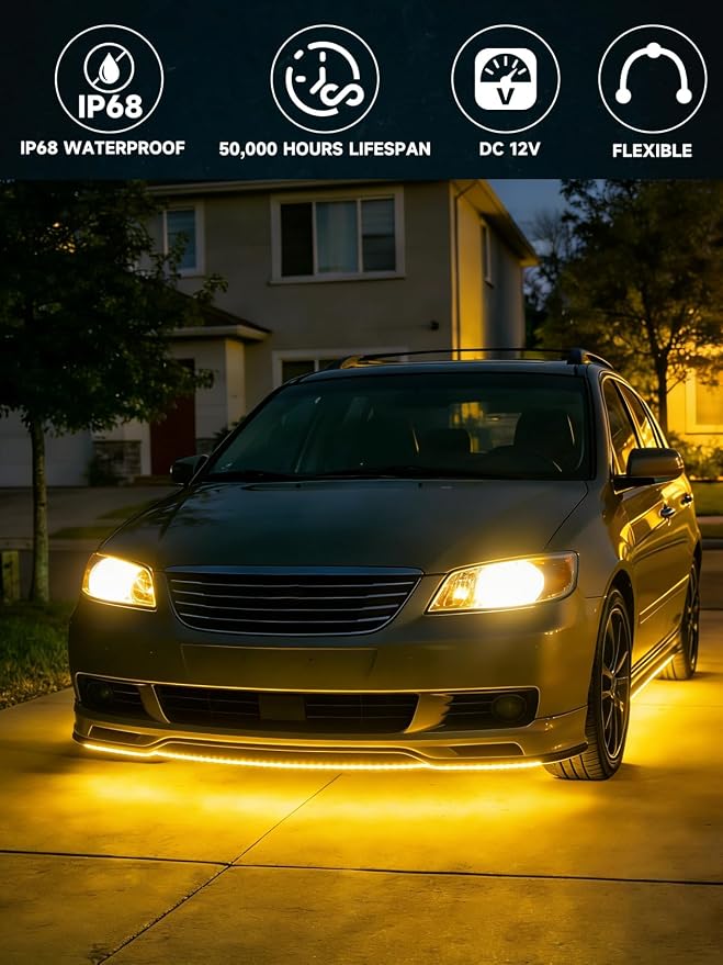 Car LED Strip Lights IP68 Waterproof Cuttable 24inch Yellow 4Pcs | 12V Footwell & Underbody Lights, 5050 SMD Beads, Interior & Exterior Light, Fits SUVs, Trucks, Motorcycles, Boats, Golf Carts