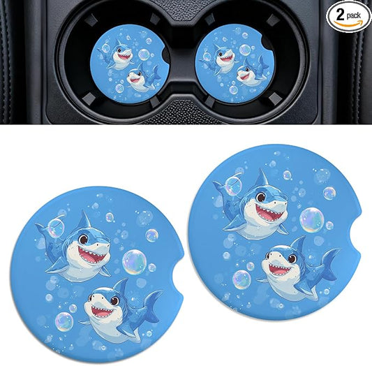 Car Cup Holder Ceramic Coasters 2 Pack, 2.56 in Anti Slip Absorbent Coaster with Cork Base and Finger Notch, Funny Cute Car Accessories Interior for Women, Dolphins