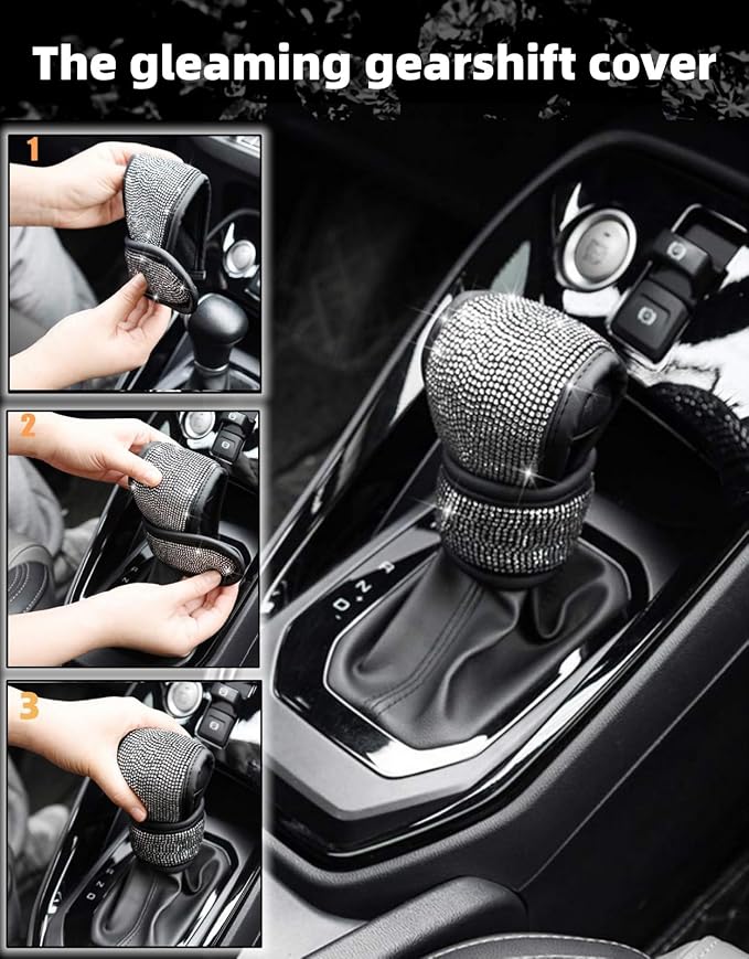 11 pcs Bling Car Accessories Set for Women, Steering Wheel Cover, Sparkly Seat Belt Covers, Daisy Vent Clips, Bling Shift Cover, Universal Fit Most Cars (White Diamond)