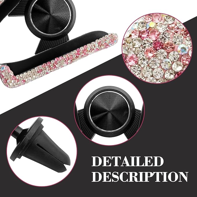 Bling Rhinestone Car Phone Holder, Mini Universal 360° Adjustable Auto Mount For Dash & Air Vent, Crystal Car Accessories For Women & Girls (Pink)
