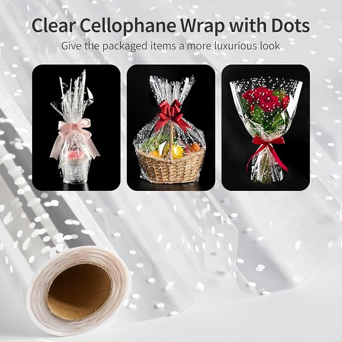 100 ftx34 in Extra Wide Clear Cellophane Wrap Roll | 2.5 Mil Thick Transparent Plastic with White Snow Dots | Bouquet, Baskets, Gifts, Crafts, Treats, Wrapping | Food Grade (34" Fold into 17")