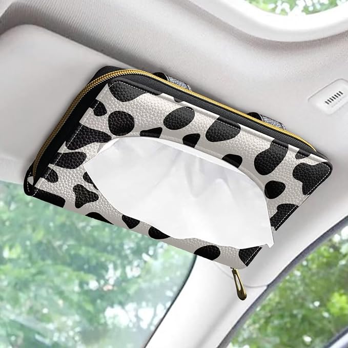PU Leather Car Napkin Holder Black and White Cow Sun Visor Tissue Holder Christmas Decoration for Most Cars