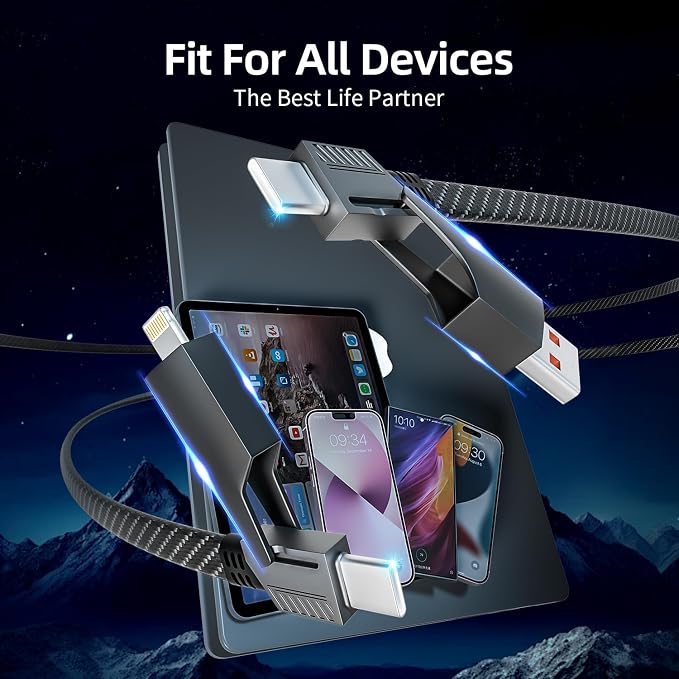 4 in 1 Multi Charging Cable Fast Charging 65W, USB C Cable with E-Mark Chip | Multiple iPhone Charger Cord for iPhone 17-12/Pad/Android/Tablets and More, Carplay Cable, Travel Essentials - 4FT