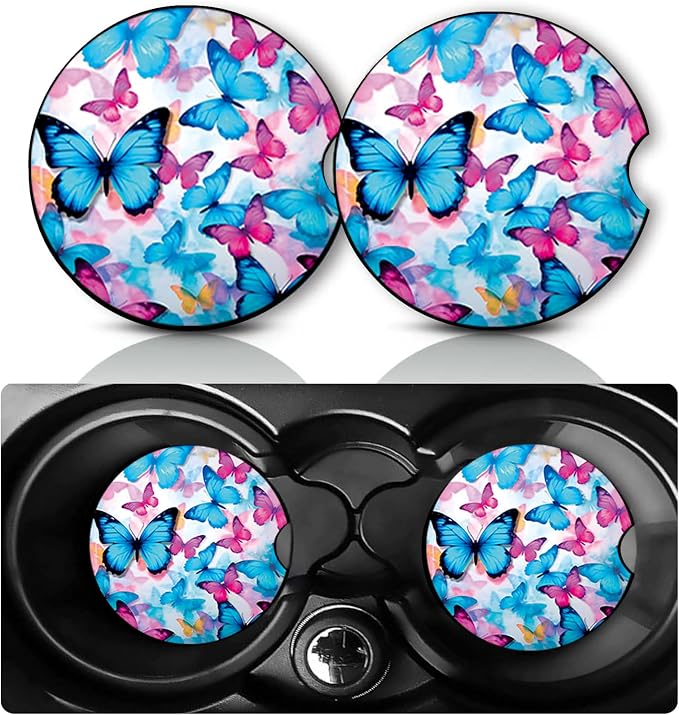 2 Pack Butterfly Car Cup Holder Coasters Neoprene Anti Slip Rubber Mat | Butterflys Car Accessories Interior Decor 2.75" Universal Size Insert Auto Coasters Butterfly Gifts for Women Men