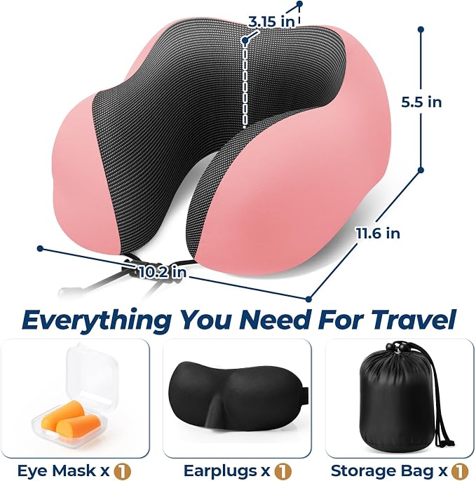 ExploreBliss Travel Pillow, Travel Pillows for Sleeping Airplane, Neck Pillow Airplane, Memory Foam Neck Pillow Set with Eye Mask, Earplugs and Storage Bag -Pink
