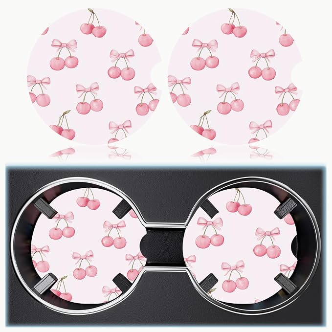 Car Cup Holder Coaster Set of 2, 2.56 in Ceramic Coasters, Scratch-Resistant Cork Backing, Finger Groove Design for Easy Placement, Cute Car Accessories Interior for Women (Pink Bow Cherry)