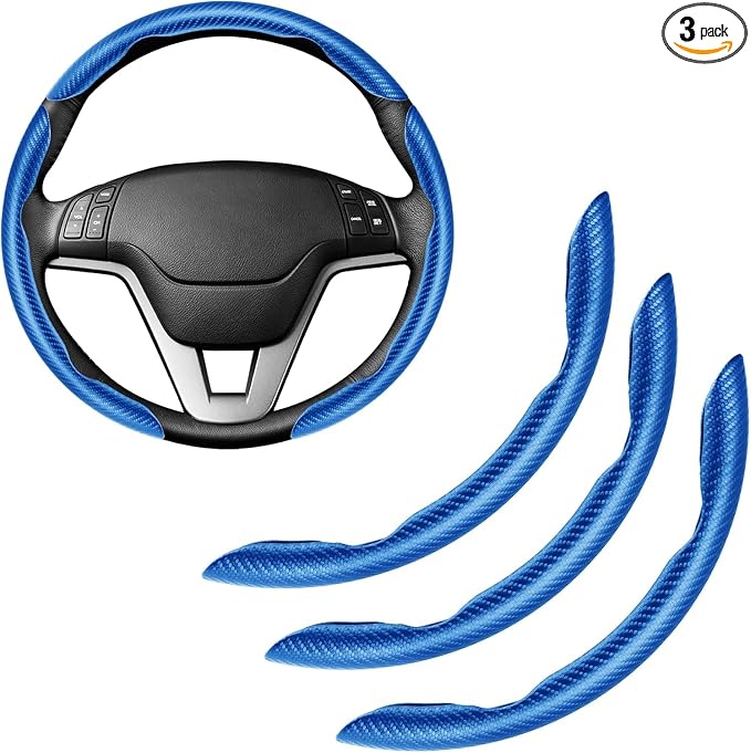Amiss 3pcs Carbon Fiber Anti-Skid Steering Wheel Cover, Waterproof & Segmented Butterfly Design, Universal 99% Vehicle Wheel Cover Protector, Car Interior Accessories, Blue