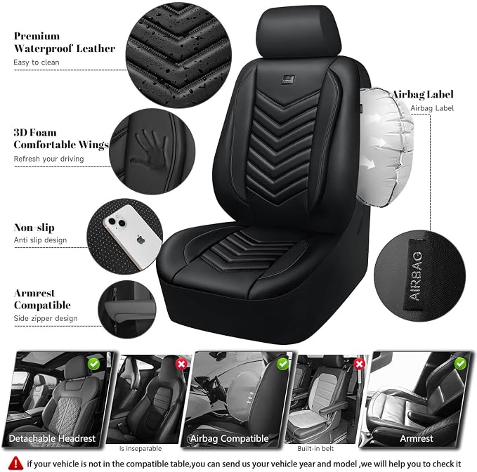 CAR PASS 3D Foam Faux Leather Seat Covers Full Set,Waterproof Leather Seat Cover for Cars,Luxury Universal Fit for SUV Truck Sedan Automotive, Armrest Airbag Compatible Anti-Slip, All Black