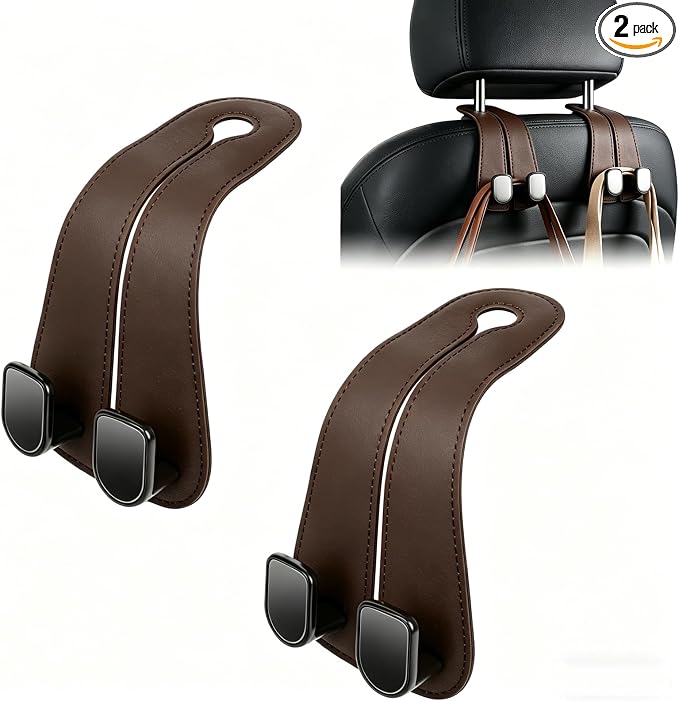 CHOSMOYI Leather Car Headrest Hooks for Purses & Bags, 2 Pack Heavy Duty Seat Back Organizer, Double Car Hooks for Groceries & Handbags, Universal Interior Accessories (Brown)