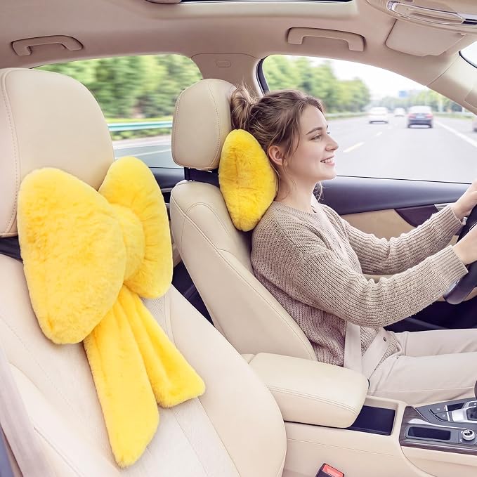 Macarrie 2 Pcs Car Neck Pillow Plush Butterfly Bow Car Headrest Pillow Comfortable Seat Neck Support Cute Head Rest Accessories for Driving Travel Driver Chair Girl Interior Decor(Lemon Yellow,Solid)